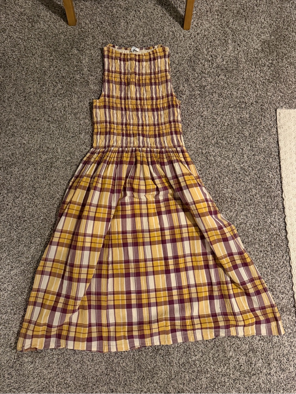 Madewell Plaid Smocked Sundress in Yellow and Burgundy